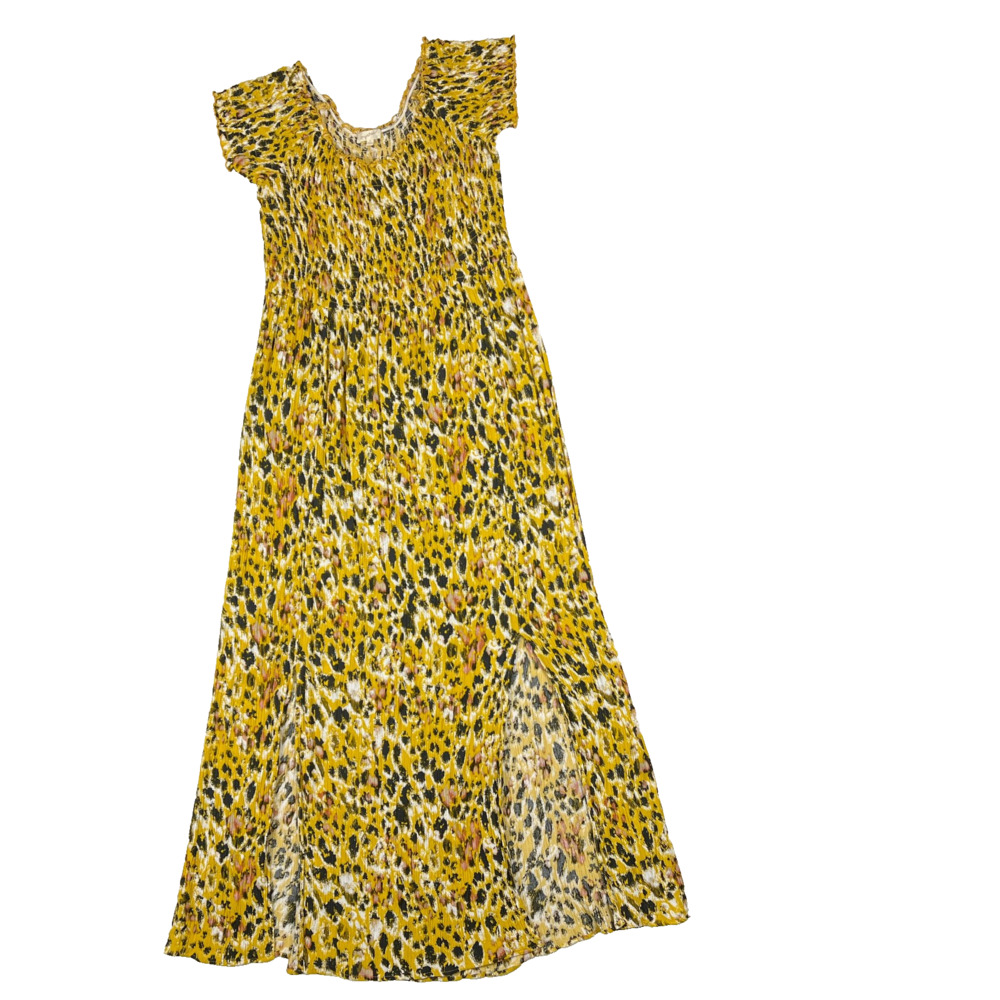 Mystree Mustard Yellow Leopard Animal Print Smocked Bodice Maxi Dress Size Med